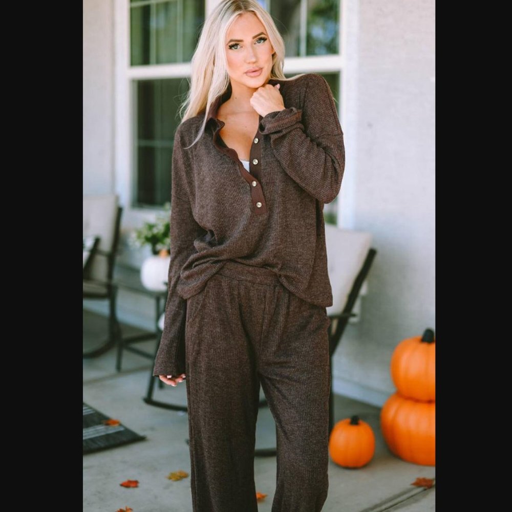 ⭐NEW*- LUXE Ribbed Knit Collared Henley Top & Pants Lounge Set | OFFERS WELCOME! - Picture 5 of 9